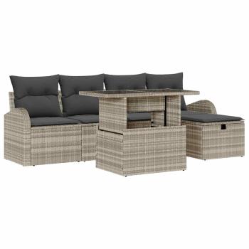 6-teiliges Garten Sofa Set mit Kissen Hellgrau Poly Rattan, 2-Sitzer Garten Sofa mit Stauraum und Kissen Hellgrau Poly Rattan