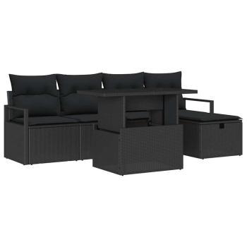 6-teiliges Garten-Sofaset mit Kissen Schwarz Poly Rattan, 2-Sitzer Garten-Sofa mit Stauraum & Kissen Schwarz Poly Rattan
