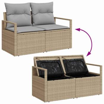 7-teilige Garten Sofa Set mit Kissen Beige Poly Rattan, 2-Sitzer Garten Sofa mit Stauraum & Kissen Beige Poly Rattan