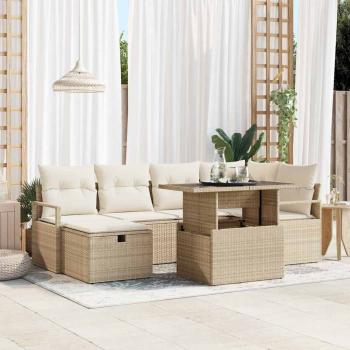 ARDEBO.de - 7-teiliges Garten Sofa Set mit Kissen Beige Poly Rattan, 2-Sitzer Garten Sofa mit Stauraum & Kissen Beige Poly Rattan