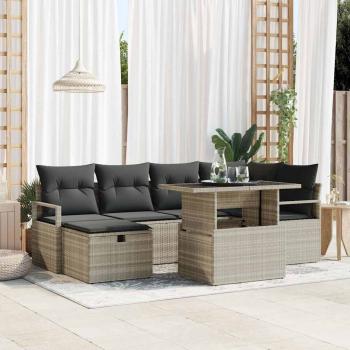 ARDEBO.de - 7-teiliges Garten-Sofa-Set mit Kissen Hellgrau Poly-Rattan, 2-Sitzer Garten-Sofa mit Stauraum & Kissen Grau Poly-Rattan