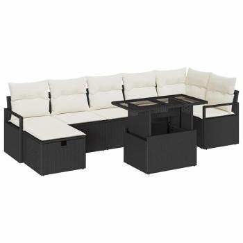 8-teiliges Garten Sofa Set mit Kissen Schwarz Poly Rattan, 2-Sitzer Garten Sofa mit Stauraum & Kissen Schwarz Poly Rattan