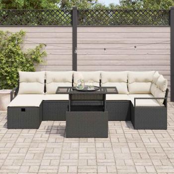 8-teiliges Garten Sofa Set mit Kissen Schwarz Poly Rattan, 2-Sitzer Garten Sofa mit Stauraum & Kissen Schwarz Poly Rattan
