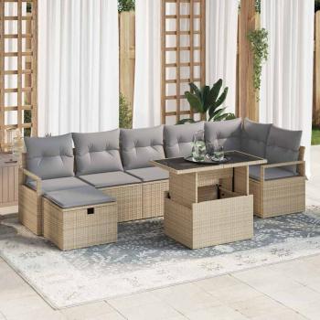 ARDEBO.de - 8-teiliges Garten Sofa Set mit Kissen Beige Poly Rattan, 2-Sitzer Garten Sofa mit Stauraum & Kissen Beige Poly Rattan