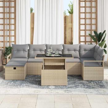8-teiliges Garten Sofa Set mit Kissen Beige Poly Rattan, 2-Sitzer Garten Sofa mit Stauraum & Kissen Beige Poly Rattan