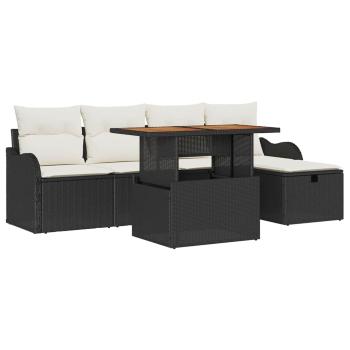 6-teiliges Garten Sofa Set mit Kissen Schwarz Poly Rattan, 2-Sitzer Garten Sofa mit Stauraum & Kissen Schwarz Poly Rattan