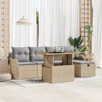 ARDEBO.de - 6-teiliges Garten Sofa Set mit Kissen Beige Poly Rattan, 2-Sitzer Garten Sofa mit Stauraum & Kissen Beige Poly Rattan