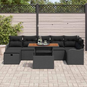 8-teiliges Garten-Sofa Set mit Kissen in schwarzem Poly-Rattan, 2-Sitzer Garten-Sofa mit Stauraum & Kissen in schwarzem Poly-Rattan