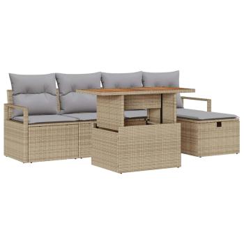 6-teiliges Garten-Sofa-Set mit Kissen Beige Poly-Rattan, 2-Sitzer Garten-Sofa mit Stauraum und Kissen Beige Poly-Rattan