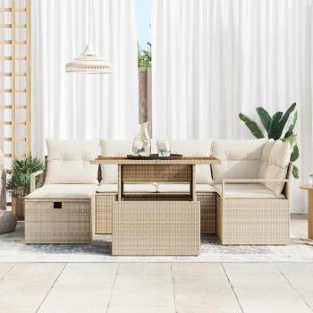 7-teiliges Garten-Sofa-Set mit Kissen in beigem Poly-Rattan, 2-Sitzer Garten-Sofa mit Stauraum & Kissen in beigem Poly-Rattan