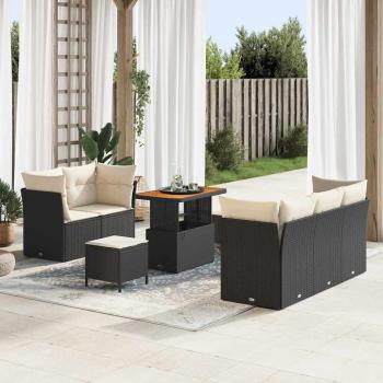 ARDEBO.de - 8-teilige Garten Sofa Set mit Kissen Schwarz Poly Rattan Akazie, 3-teiliges Garten Esstisch Set mit Kissen Schwarz Poly Rattan Akazie