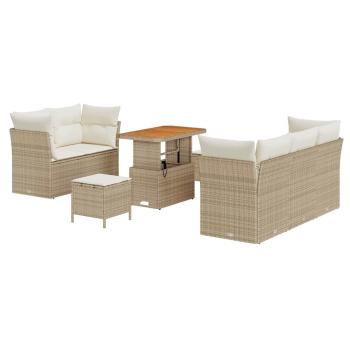 8-teilige Gartensofa-Garnitur mit Kissen Beige Poly Rattan Akazie, 3-teilige Gartentisch-Garnitur mit Kissen Beige Poly Rattan Akazie