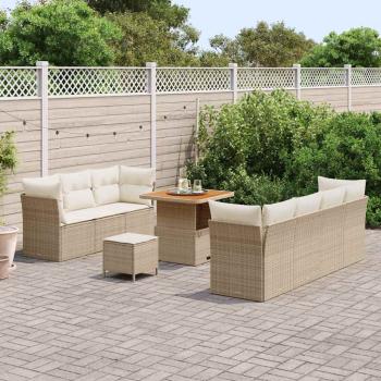 10-teiliges Garten Sofa Set mit Kissen Beige Poly Rattan Akazie, 3-teiliges Garten Essbereich Set mit Kissen Beige Poly Rattan Akazie