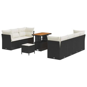10-teiliges Garten Sofa Set mit Kissen Schwarz Poly Rattan Akazie, 3-teiliges Garten Esstisch Set mit Kissen Schwarz Poly Rattan Akazie