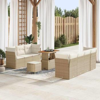 ARDEBO.de - 10-teiliges Garten Sofa Set mit Kissen Beige Poly Rattan Akazie, 3-teiliges Garten Esstisch Set mit Kissen Beige Poly Rattan Akazie