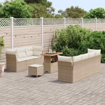 10-teiliges Garten Sofa Set mit Kissen Beige Poly Rattan Akazie, 3-teiliges Garten Esstisch Set mit Kissen Beige Poly Rattan Akazie