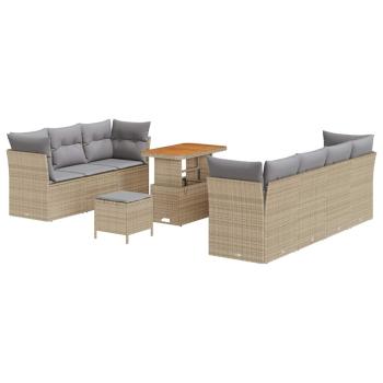 10-teiliges Garten Sofa Set mit Kissen Beige Poly Rattan Akazie, 3-teiliges Garten Essbereich Set mit Kissen Beige Poly Rattan Akazie