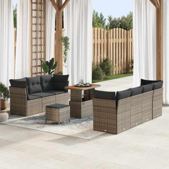 ARDEBO.de - 10-teiliges Garten Sofa Set mit Kissen Grau Poly Rattan Akazie, 3-teiliges Garten Ess-Set mit Kissen Grau Poly Rattan Akazie