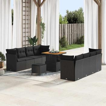 ARDEBO.de - 11-teiliges Garten-Sofa-Set mit Kissen Schwarz Poly-Rattan Akazie, 3-teiliges Garten-Dining-Set mit Kissen Schwarz Poly-Rattan Akazie