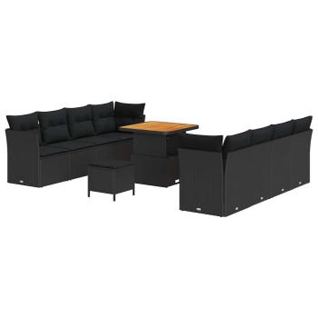 11-teiliges Garten-Sofa-Set mit Kissen Schwarz Poly-Rattan Akazie, 3-teiliges Garten-Dining-Set mit Kissen Schwarz Poly-Rattan Akazie