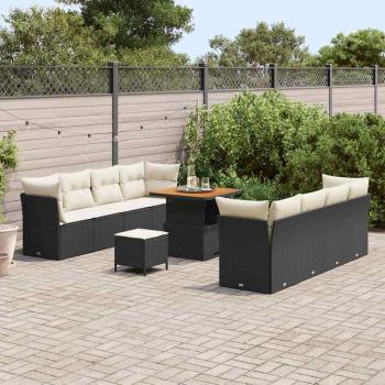 11-teiliges Garten Sofa Set mit Kissen Schwarz Poly Rattan Akazie, 3-teiliges Garten Essenset mit Kissen Schwarz Poly Rattan Akazie