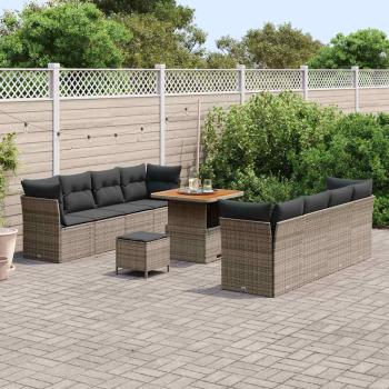 11-teiliges Garten Sofa Set mit Kissen Grau Poly Rattan Akazie, 3-teiliges Garten Esstisch Set mit Kissen Grau Poly Rattan Akazie