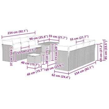 11-teiliges Garten Sofa Set mit Kissen, schwarzes Poly Rattan, Akazie, 3-teiliges Garten Esszimmer Set mit Kissen, schwarzes Poly Rattan, Akazie