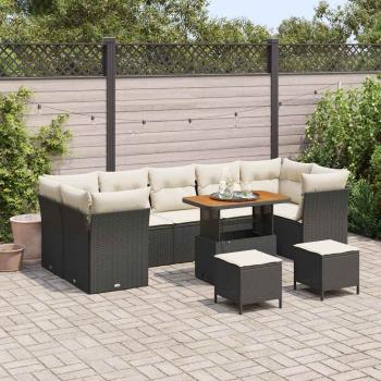 ARDEBO.de - 10-teilige Garten Sofa Set mit Kissen Schwarz Poly Rattan Akazie, 3-teiliges Garten Esstisch Set mit Kissen Schwarz Poly Rattan Akazie