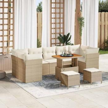 ARDEBO.de - 10-teiliges Garten Sofa Set mit Kissen, Beige, Poly Rattan, Akazie, 3-teiliges Garten Ess-Set mit Kissen, Beige, Poly Rattan, Akazie