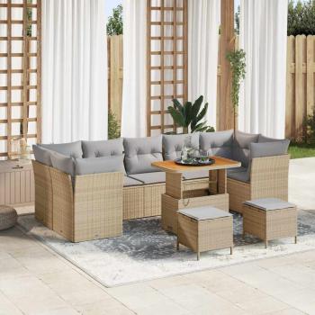 ARDEBO.de - 10-teiliges Garten Sofa Set mit Kissen Beige Poly Rattan Akazie, 3-teiliges Garten Essset mit Kissen Beige Poly Rattan Akazie