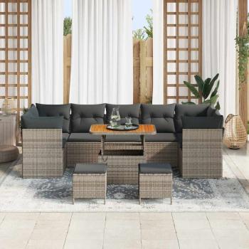 ARDEBO.de - 10-teiliges Garten Sofa Set mit Kissen Grau Poly Rattan Akazie, 3-teiliges Garten Essset mit Kissen Grau Poly Rattan Akazie