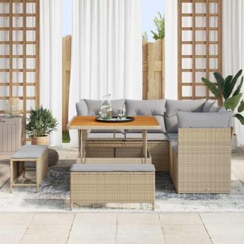 8-teiliges Garten Sofa Set mit Kissen Beige Poly Rattan Akazie, 3-teiliges Garten Essset mit Kissen Beige Poly Rattan Akazie