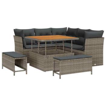 8-teiliges Garten Sofa Set mit Kissen Grau Poly Rattan Akazie, 3-teiliges Garten Esstisch Set mit Kissen Grau Poly Rattan Akazie
