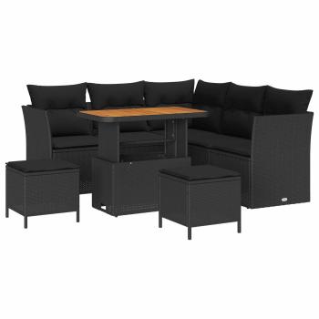 8-teiliges Garten Sofaset mit Kissen Schwarz Poly Rattan Akazie, 3-teiliges Garten Esstischset mit Kissen Schwarz Poly Rattan Akazie