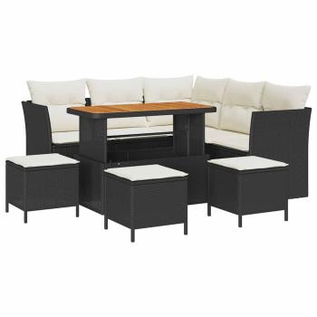 9-teiliges Garten Sofa Set mit Kissen schwarzes Poly Rattan Akazie, 4-teiliges Garten Esszimmerset mit Kissen schwarzes Poly Rattan Akazie