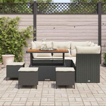 9-teiliges Garten Sofa Set mit Kissen schwarzes Poly Rattan Akazie, 4-teiliges Garten Esszimmerset mit Kissen schwarzes Poly Rattan Akazie