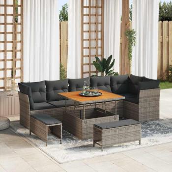 ARDEBO.de - 9-teiliges Garten-Sofa-Set mit Kissen Grau Poly-Rattan Akazie, 3-teiliges Garten-Dining-Set mit Kissen Grau Poly-Rattan Akazie