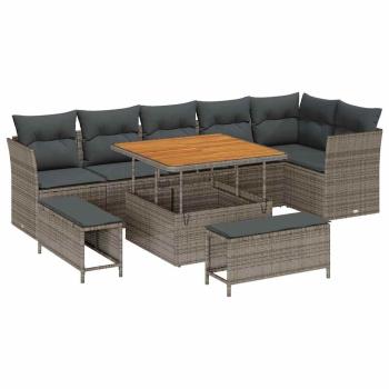 9-teiliges Garten-Sofa-Set mit Kissen Grau Poly-Rattan Akazie, 3-teiliges Garten-Dining-Set mit Kissen Grau Poly-Rattan Akazie
