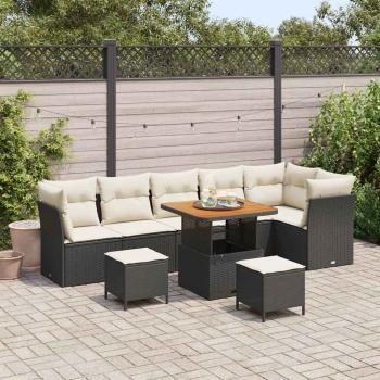 ARDEBO.de - 9-teiliges Garten Sofa Set mit Kissen Schwarz Poly Rattan Akazie, 3-teiliges Garten Essset mit Kissen Schwarz Poly Rattan Akazie