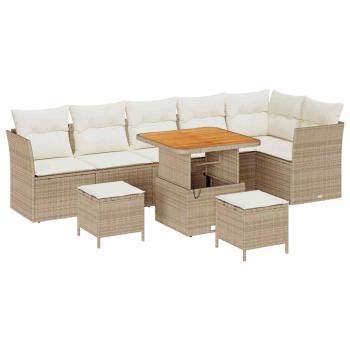 ARDEBO.de - 9-teiliges Garten Sofa Set mit Kissen Beige Poly Rattan Akazie, 3-teiliges Garten Esszimmer Set mit Kissen Beige Poly Rattan Akazie