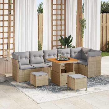 ARDEBO.de - 9-teiliges Garten Sofa Set mit Kissen Beige Poly Rattan Akazie, 3-teiliges Garten Esszimmer Set mit Kissen Beige Poly Rattan Akazie