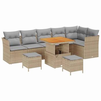 9-teiliges Garten Sofa Set mit Kissen Beige Poly Rattan Akazie, 3-teiliges Garten Esszimmer Set mit Kissen Beige Poly Rattan Akazie