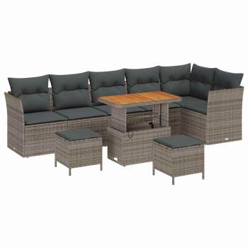 9-teiliges Garten Sofa Set mit Kissen Grau Poly Rattan Akazie, 3-teiliges Garten Ess-Set mit Kissen Grau Poly Rattan Akazie