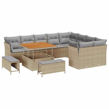 12-teiliges Garten Sofa Set mit Kissen Beige Poly Rattan Akazie, 3-teiliges Garten Ess-Set mit Kissen Beige Poly Rattan Akazie