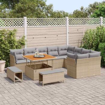 12-teiliges Garten Sofa Set mit Kissen Beige Poly Rattan Akazie, 3-teiliges Garten Ess-Set mit Kissen Beige Poly Rattan Akazie