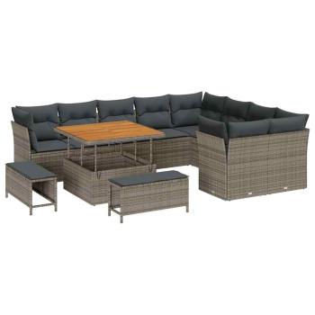 12-teiliges Garten Sofa Set mit Kissen Grau Poly Rattan Akazie, 3-teiliges Garten Esstisch Set mit Kissen Grau Poly Rattan Akazie