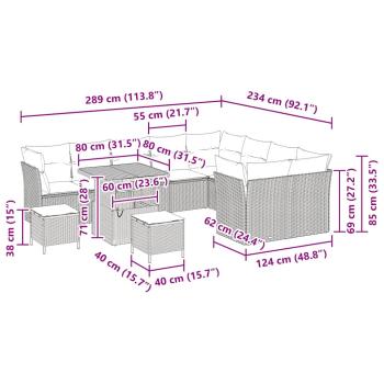 12-teiliges Garten-Sofa-Set mit Kissen Grau Poly-Rattan Akazie, 3-teiliges Garten-Esszimmer-Set mit Kissen Grau Poly-Rattan Akazie