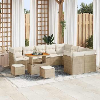 ARDEBO.de - 12-teilige Garten Sofagarnitur mit Kissen Beige Poly Rattan Akazie, 3-teilige Garten Esstischgarnitur mit Kissen Beige Poly Rattan Akazie