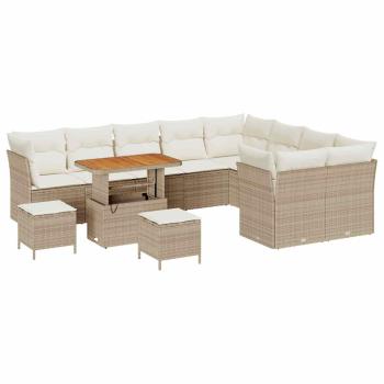 12-teilige Garten Sofagarnitur mit Kissen Beige Poly Rattan Akazie, 3-teilige Garten Esstischgarnitur mit Kissen Beige Poly Rattan Akazie