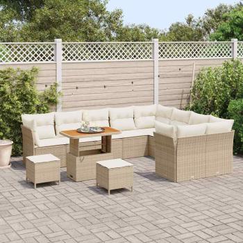 12-teilige Garten Sofagarnitur mit Kissen Beige Poly Rattan Akazie, 3-teilige Garten Esstischgarnitur mit Kissen Beige Poly Rattan Akazie